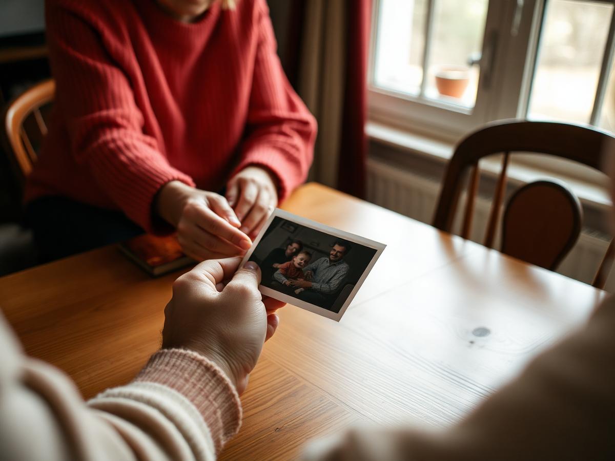 Two people passing an old family photograph across a wooden table