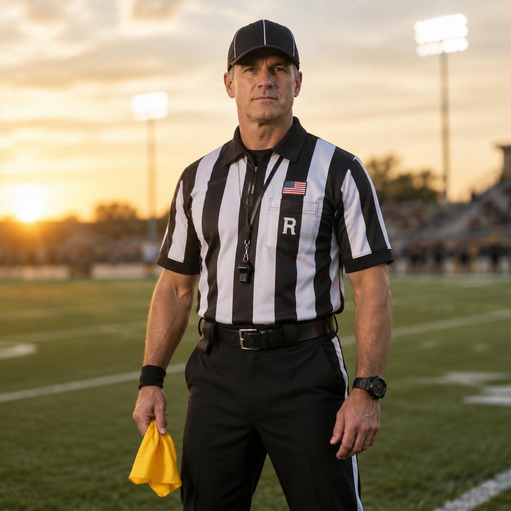 An American football referee in a striped shirt on the field at golden hour