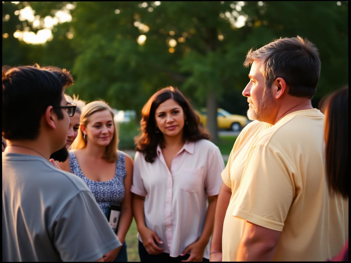 A small group of people gathered together outdoors at golden hour