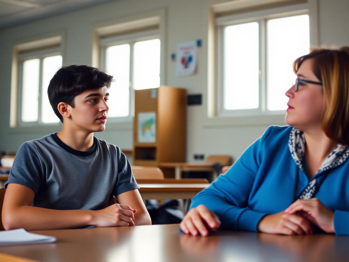 A student and an educator talking in a classroom