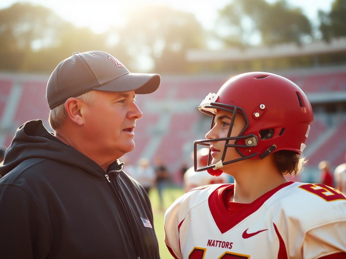 A coach talking with a young athlete on the sideline