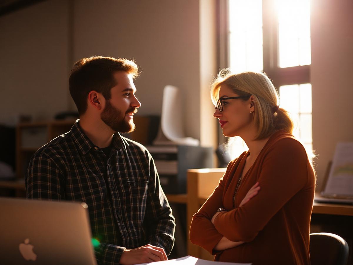 Two coworkers listening to each other in a sunlit workspace